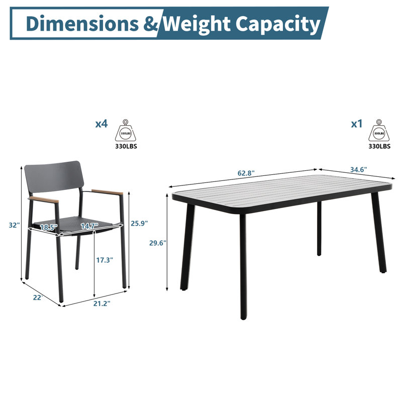 Patio Dining Set for 4 Outdoor Table and Stackable Chairs 5 Pieces Lightweight Outdoor Furniture Set, Gray