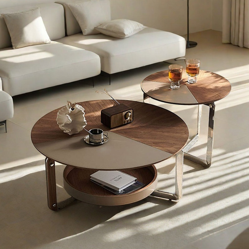 Round Coffee Table Walnut Wood Saddle Leather, 18.5"H x 57.08" L x 35.43" W