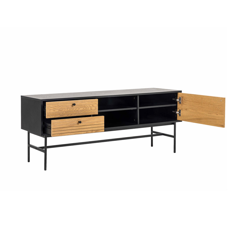 Leanie Modern Two-Toned TV Stand for TVs up to 50", Adjustable Shelves, 2 Drawers, and metal Base