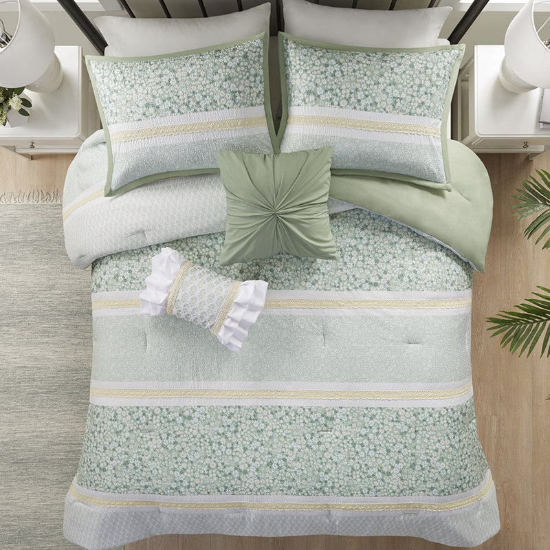 Ensemble de literie 5 pièces pour très grand lit / très grand lit - édredon Seersucker à motif botanique imprimé chic avec 1 édredon, 2 coussins décoratifs, taies décoratives et bourre décorative style floral