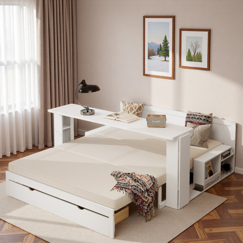 Multifunctional Daybed With Storage Drawer, Open Compartments And Hydraulic Side Table, White