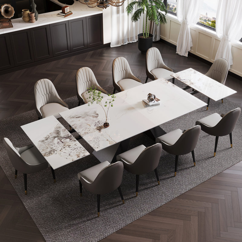 110.23'' Extendable Sintered Stone Dining Table and Dining Set, 11, Snow Mountain White  