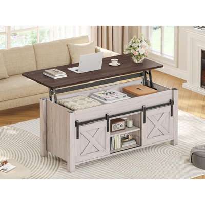 Lift Top Coffee Table with Hidden Storage, Farmhouse Dining Table with Gas Spring and Open Shelf for Living Room, Vintage White