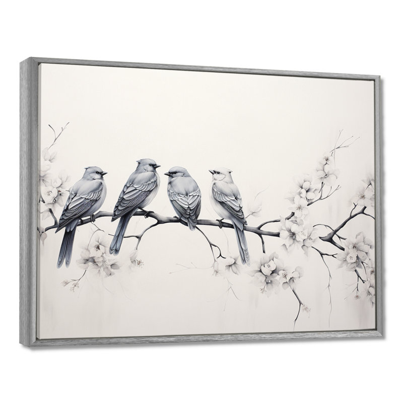Birds On The Brink I - Art mural d'oiseaux pour le salon, H 30 po x l 40 po x P 1,5 po, Encadrement argenté