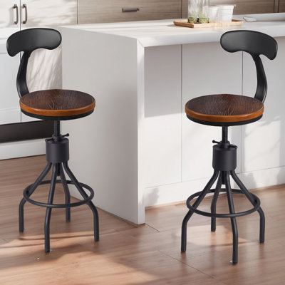 Set Of 2 Vintage Bar Stool- Industrial Swivel Kitchen Dining Chair-Counter  Seat Height 23-29.13"-With Backrest