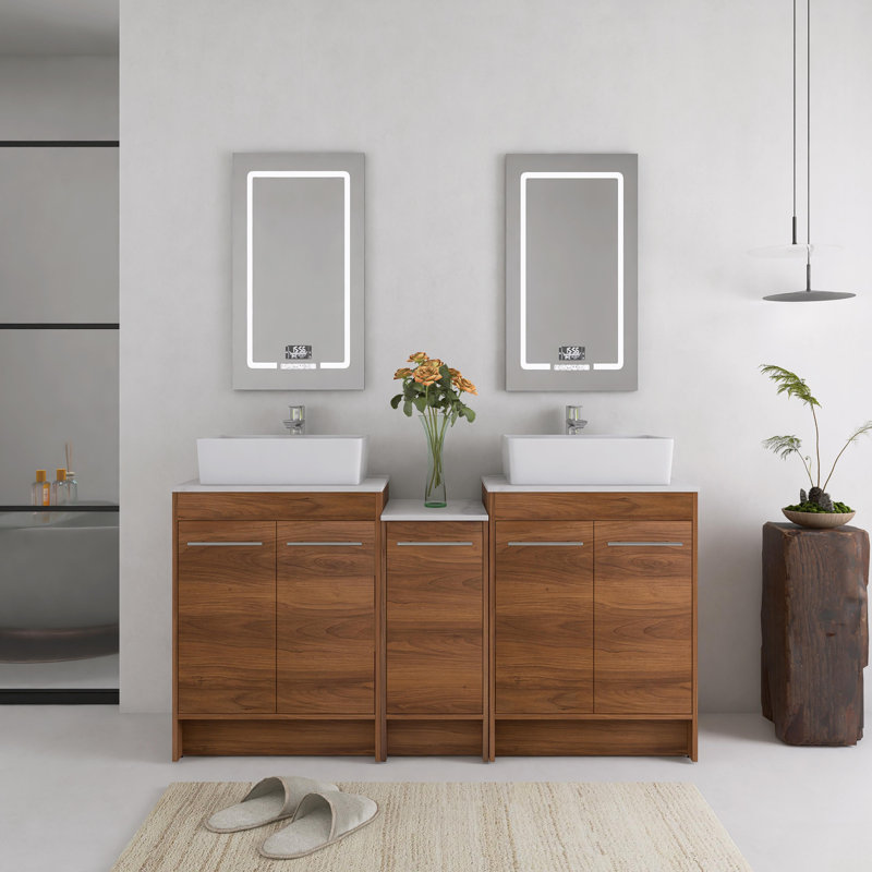 Meuble-lavabo autoportant de 60 po avec lavabo vasque en céramique blanche et 5 portes d'armoire à fermeture en douceur