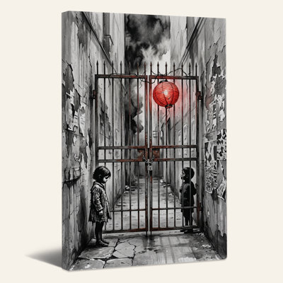 Tableau sur toile représentant deux enfants debout près d'une porte rouillée avec une lanterne rouge