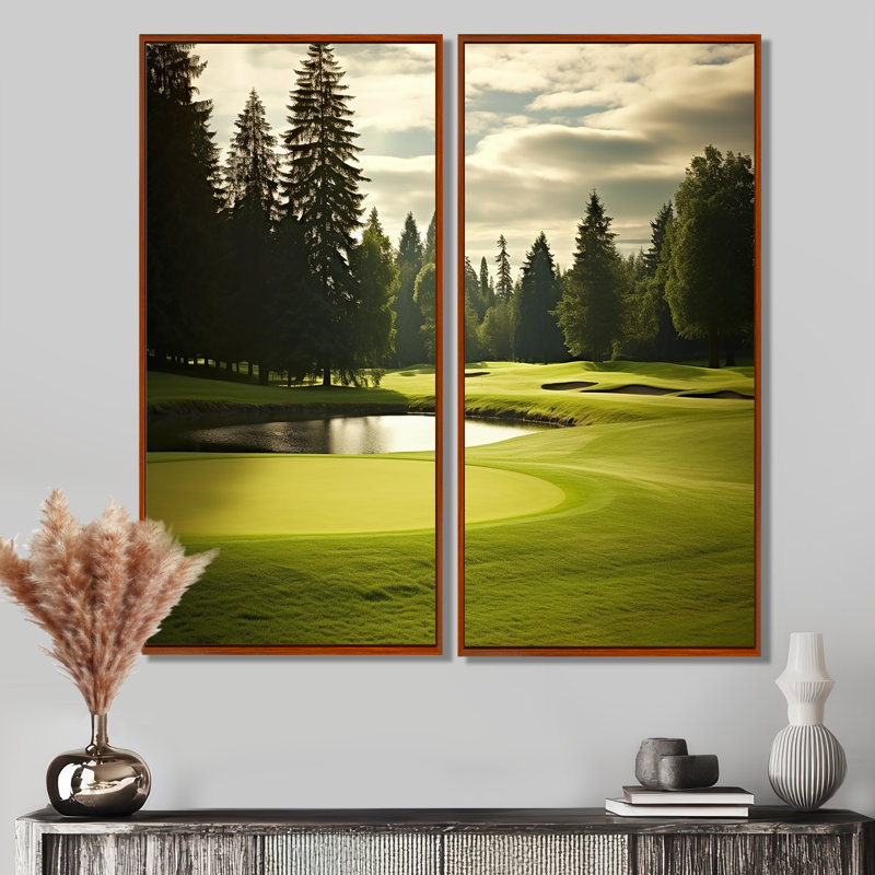 Golf Fairway Serenity - art mural moderne, 20" H x 24" W, Brown, Impression encadrée flottante