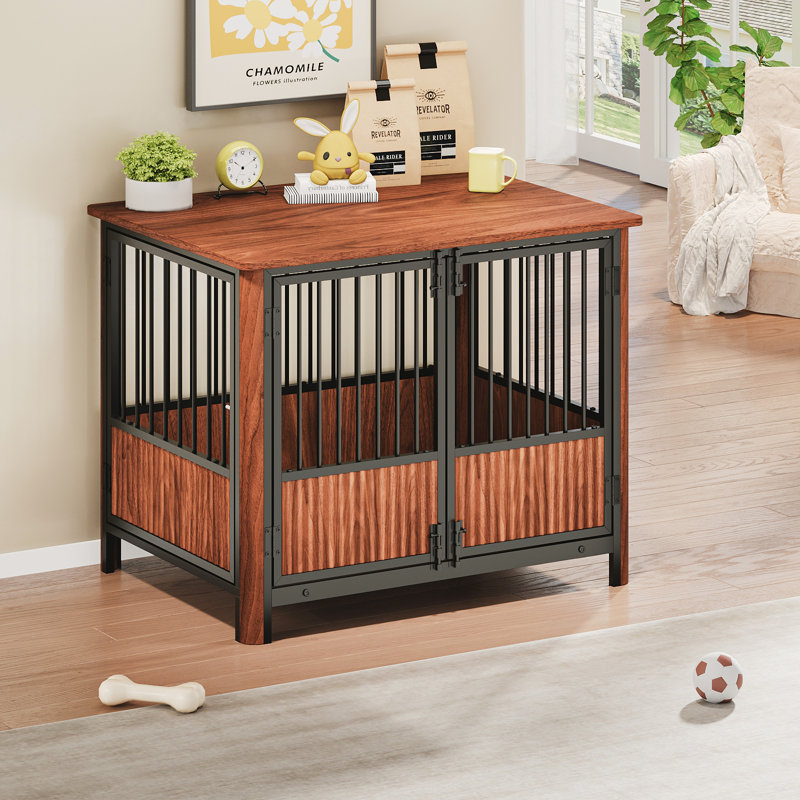 Cage pour chien en bois de noyer cannelé (petit / moyen) - double porte, maisonnette décorative et table d'appoint