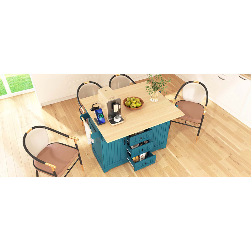 Spacieux chariot à îlot de cuisine sur roulettes avec double abattants pliables et prise de courant intégrée, station de préparation de repas mobile et pliante avec supports à épices et à serviettes et trois tiroirs de rangement pour la cuisine et la salle à manger