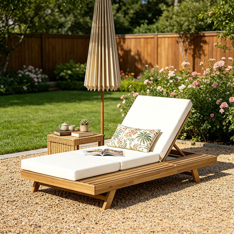 Ensemble de méridienne de salon, espace disponible sur un côté, bois d'acacia massif avec coussin de détente (triple fois)