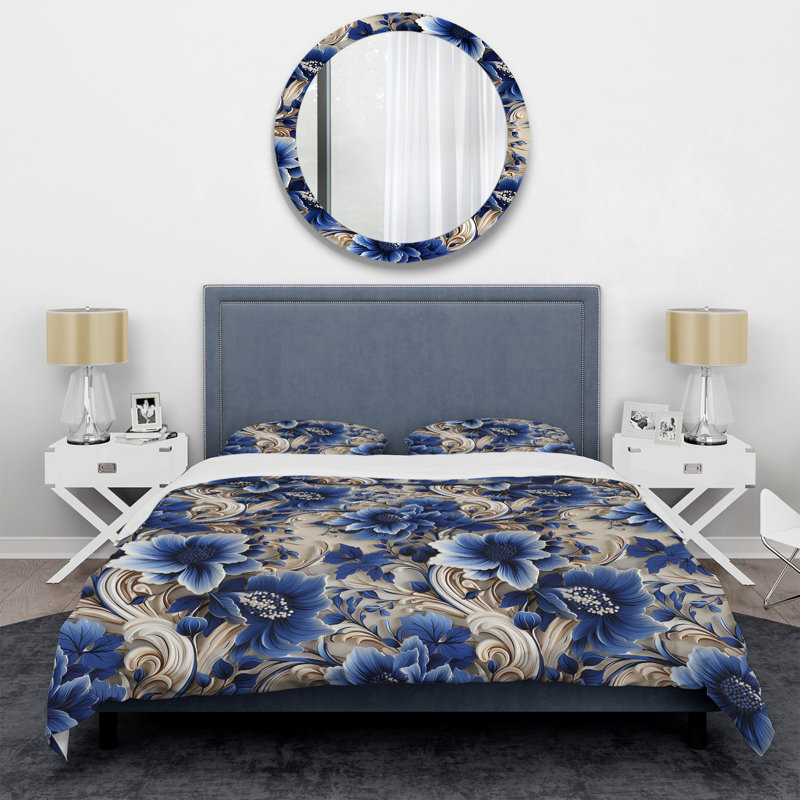 Ensemble de housse de couette à motif floral victorien bleu et blanc cobalt III