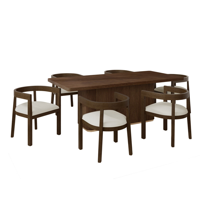 Elara 7-Piece  Mid-Century Modern Solid Wood Dining Set With Upholstered Chairs
