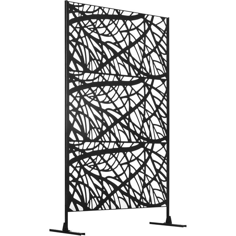 Black Galvanized Steel Outdoor Privacy Screen, 178x122cm Freestanding Laser-Cut Divider for Patio Garden Balcony