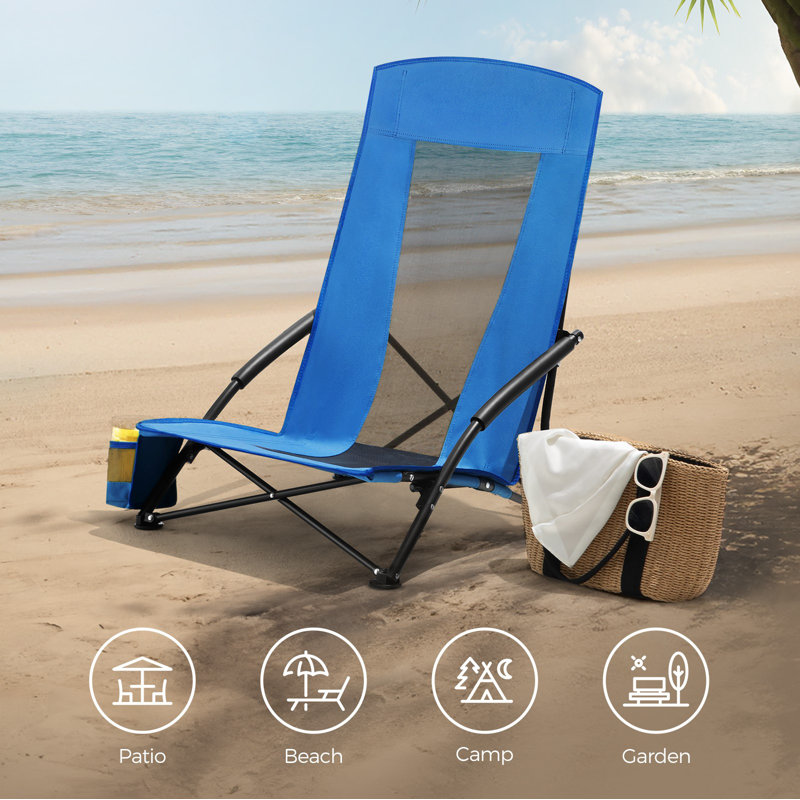 Portable Beach Chair For Adults, Max. Load 330 Lb, High Backrest, Cup Holder, Lightweight, Heavy-Duty, Blue