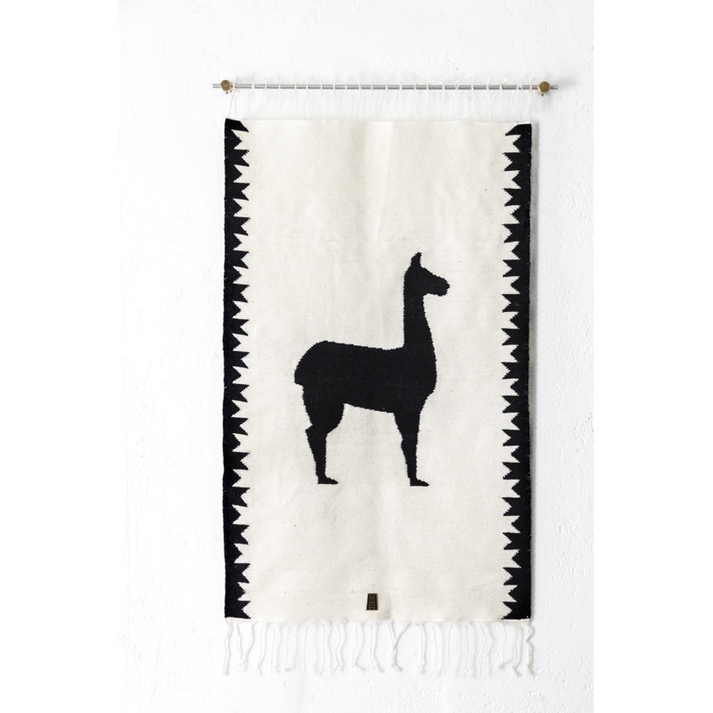 Llama Sheep Wool Handwoven Tapestry, Aged Bronze Wall Mount, Terracota, White