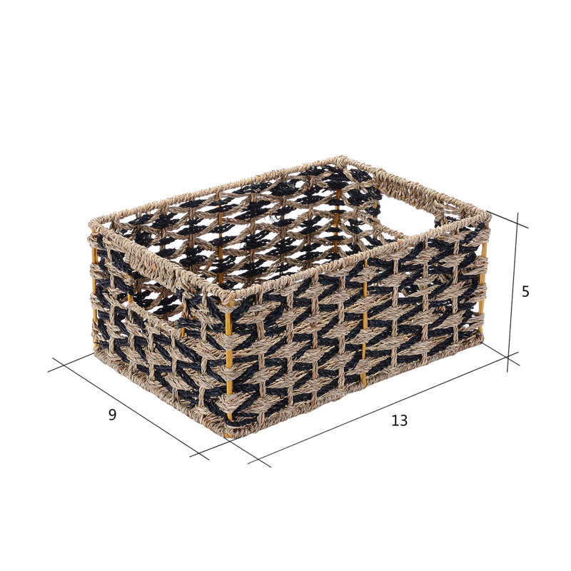 Set of 2 Black and Natural Seagrass Rectangular Storage Baskets