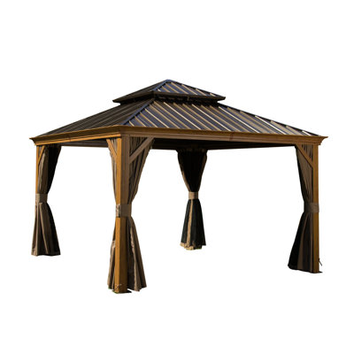 12'X12' With Galvanized Steel Roof, Powder-Coated Aluminum Frame, Vented For Fresh Air Supply, Curtains And Netting Outdoor Privacy Metal Gazebo, Double Weather- Efficient Circulation, Lawn Use