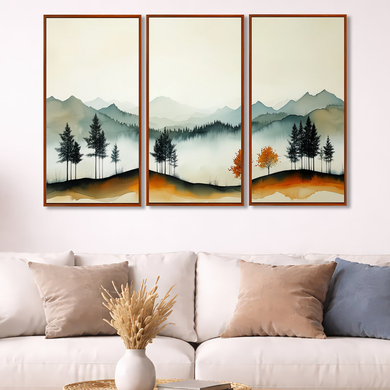 «Autumn Forest and Peaks Solitude Horizon», art mural encadré à 3 bois, H 32 po x l 48 po, Cadre flottant brun