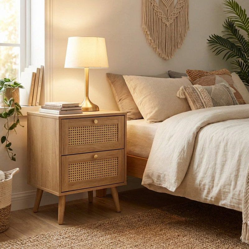 Anisjon & Rattan 2 Drawer Bedside Table, Oak