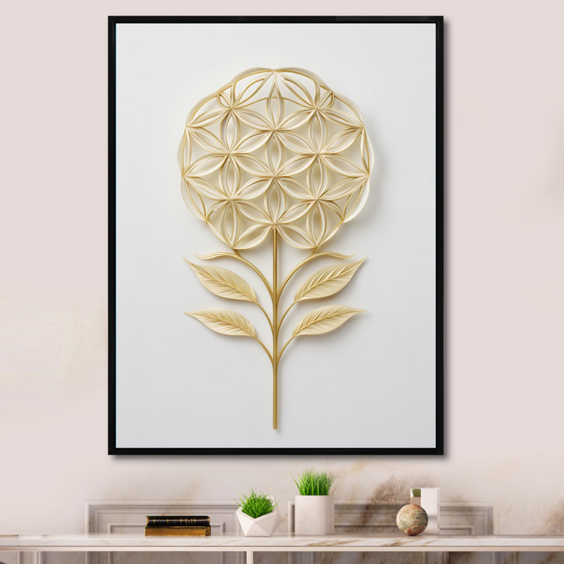 Fleur de vie, élégance dorée sur toile, Cadre flottant noir, H 40 po x l 30 po x P 1,5 po