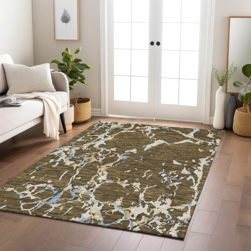 Abstract Red and Brown Synthetic Washable Area Rug