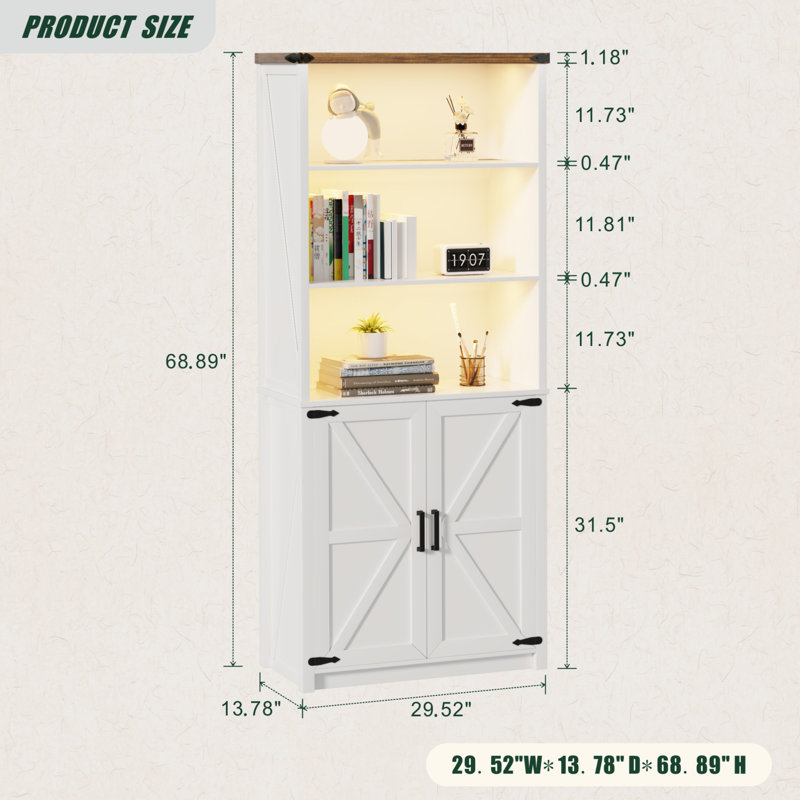 68.9'' H x 29.5"W Wood Storage Bookcase whit Light, White