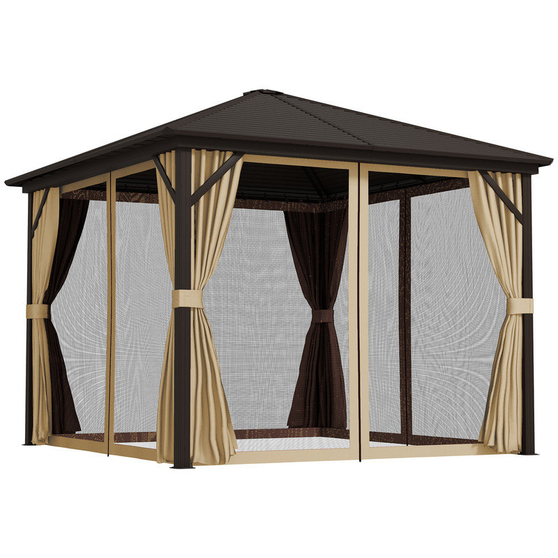 3 x 3m Metal Hardtop Gazebo with Privacy Curtains and Mosquito Netting, Outdoor Patio Shelter with Aluminum Frame and Inner Hook for Backyard Events, Brown