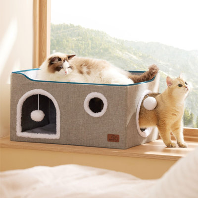 Bedsure Foldable Cat Beds for Indoor Cats - Large Cat Cave House for Pets with Fluffy Ball Hanging and Scratch Pad