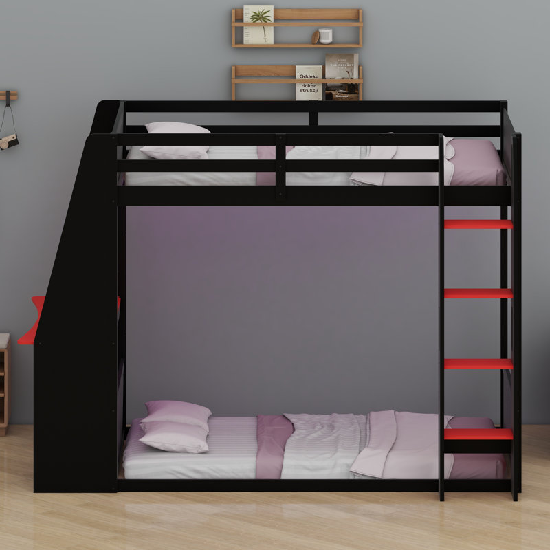 Space-Saving Gaming Bunk Bed Featuring Integrated Desk, Shelves, USB Charging and LED Lighting, Noir et rouge