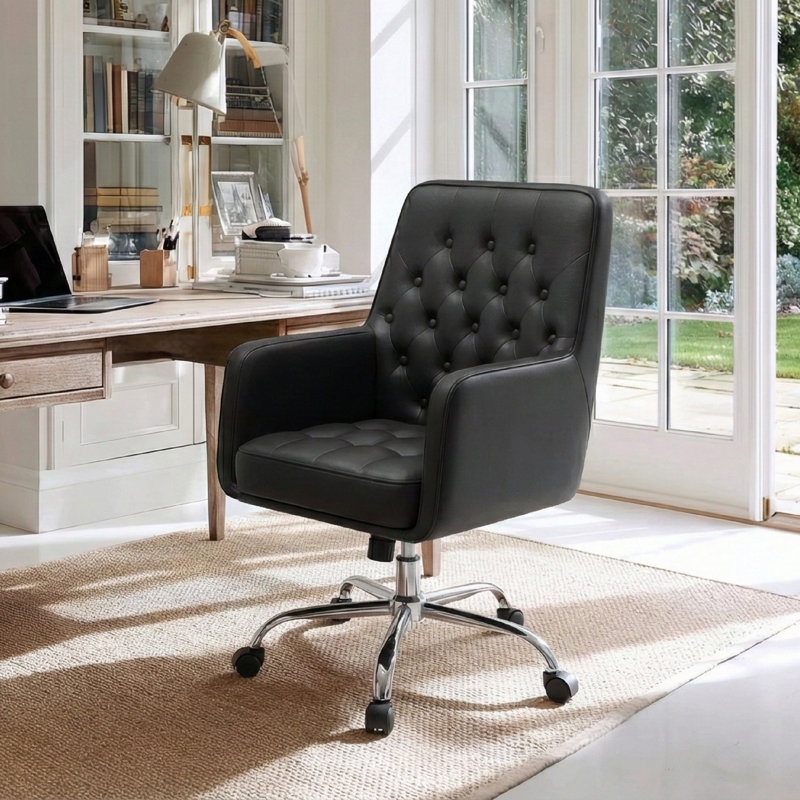 Button Tufted Faux Leather Office Task Chair with Padding, Black