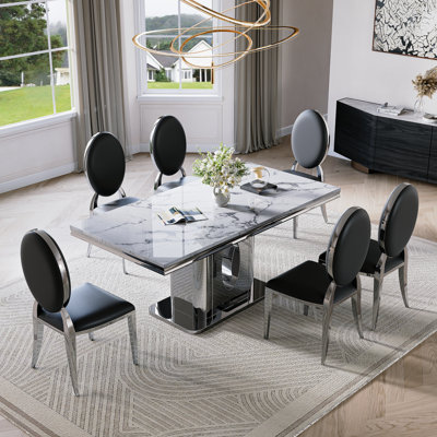 70.08" Dining Table Set Of 6,Rectangle Faux Marble Table And 6 Faux Leather Dining Chairs With Stainless Steel Base