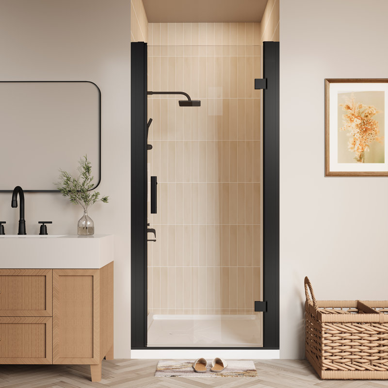 Porte de douche à charnière pivotante sans cadre avec verre transparent 34 "- l 36" x H 72 ", Noir mat