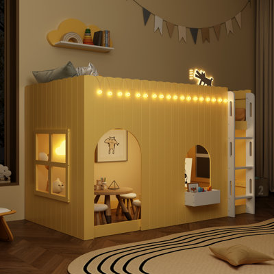 Lit mezzanine simple pour enfant avec guirlande lumineuse DEL jaune primevère