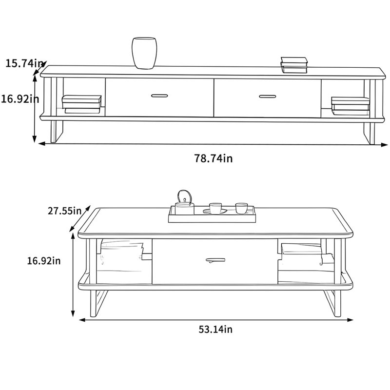 Ensemble de table basse et meuble télé en bois massif