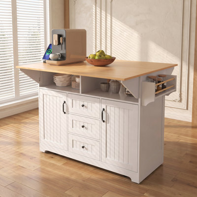 56 Inch Rolling Kitchen Island with Dual Drop Leaves and Power Outlet