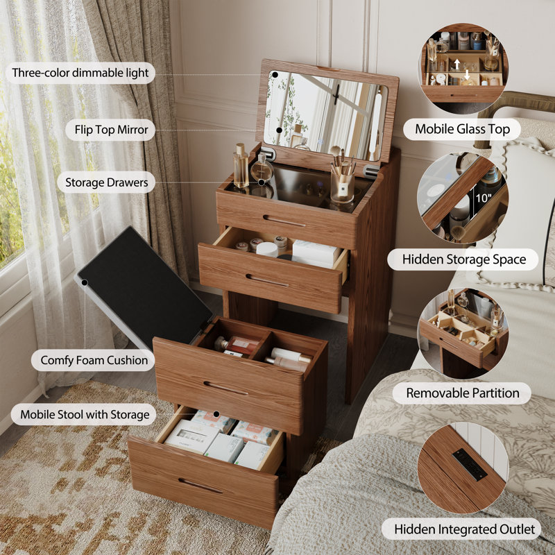 Anita Oliver Solid Wood 3-in-1 Vanity Desk with Flip-Top Mirror, Hidden Chair, Adjustable LED Lighting and Power Outlet, Fully Assembled Makeup Vanity Table for Bedroom