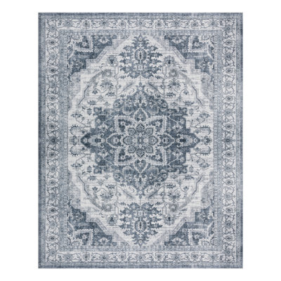 Tapis d'intérieur lavable en machine à motif floral bleu vintage, ultra-doux et à poils courts