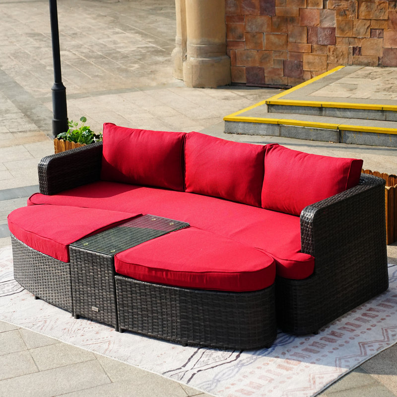 Anazco 89'' Wide Curved Patio Daybed with Cushions, Brown, Red