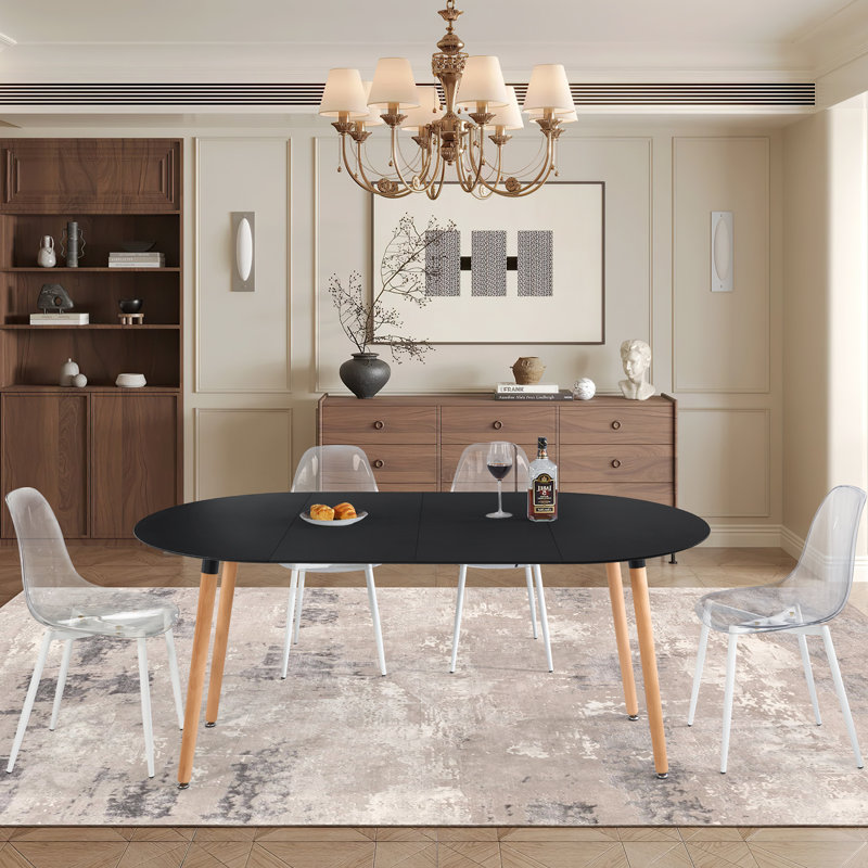 Table de salle à manger extensible 4-6 places, Noir mat, Bois naturel, H 29,5 po x L 70,8 po x l 39,4 po