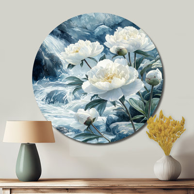 Keeden - Traditional White Metal Art Print, Peonies Round Metal Wall Decor