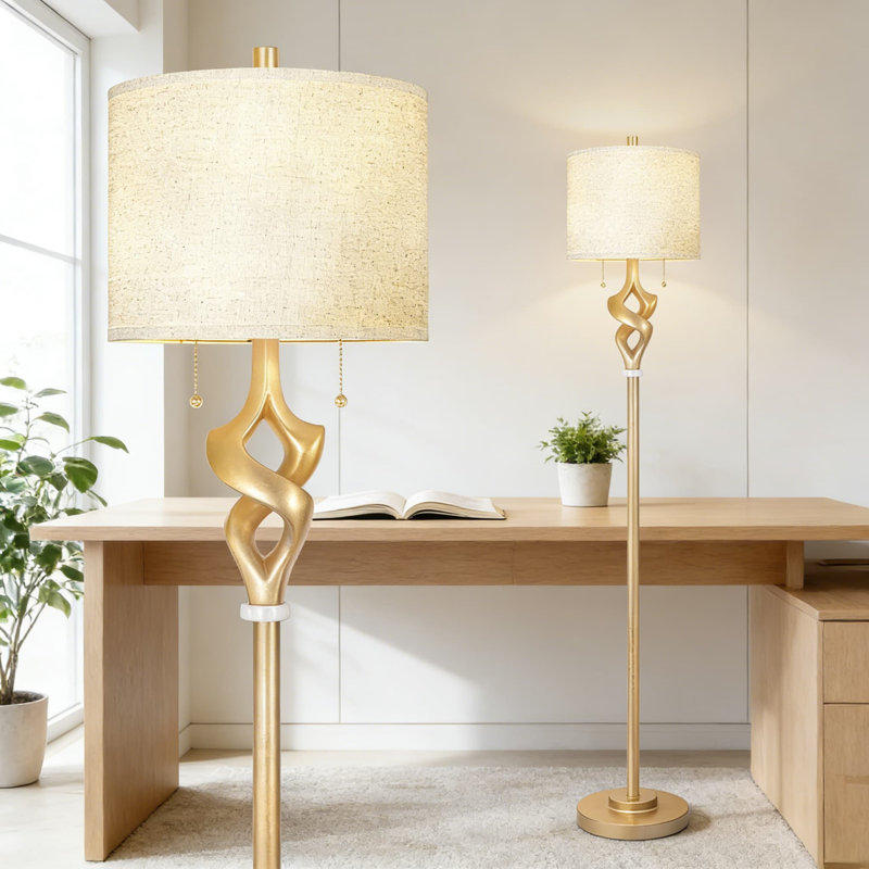 Modern Sculptural Floor Lamp With Gold Leaf Finish And Adjustable Brightness, 65.5-Inch Standing Lamp With Linen Shade For Living Room, Bedroom, And Home Office