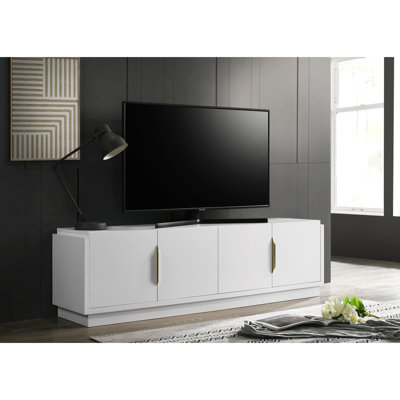 4-Door White Tv Stand With Adjustable Shelf And Cable Management System In White, 70"W, Shelf, Smooth Cabinet Texture
