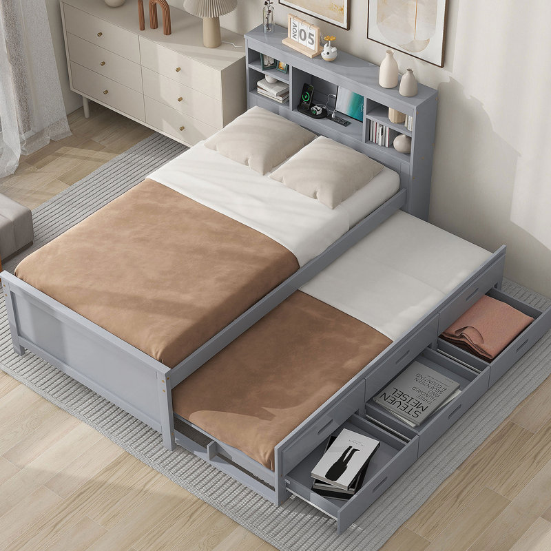 Lit plateforme avec tête de rangement, USB, lit gigogne et 3 tiroirs