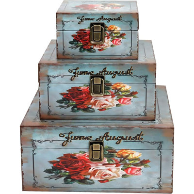 Wood Storage Box Set Of 3, Vintage Decorative Nesting Boxes Wooden Treasure Storage Crates With Latch, Home Decor Rustic Antique Boxes With Lid For Photos, Jewelry, Cash (Bloom)