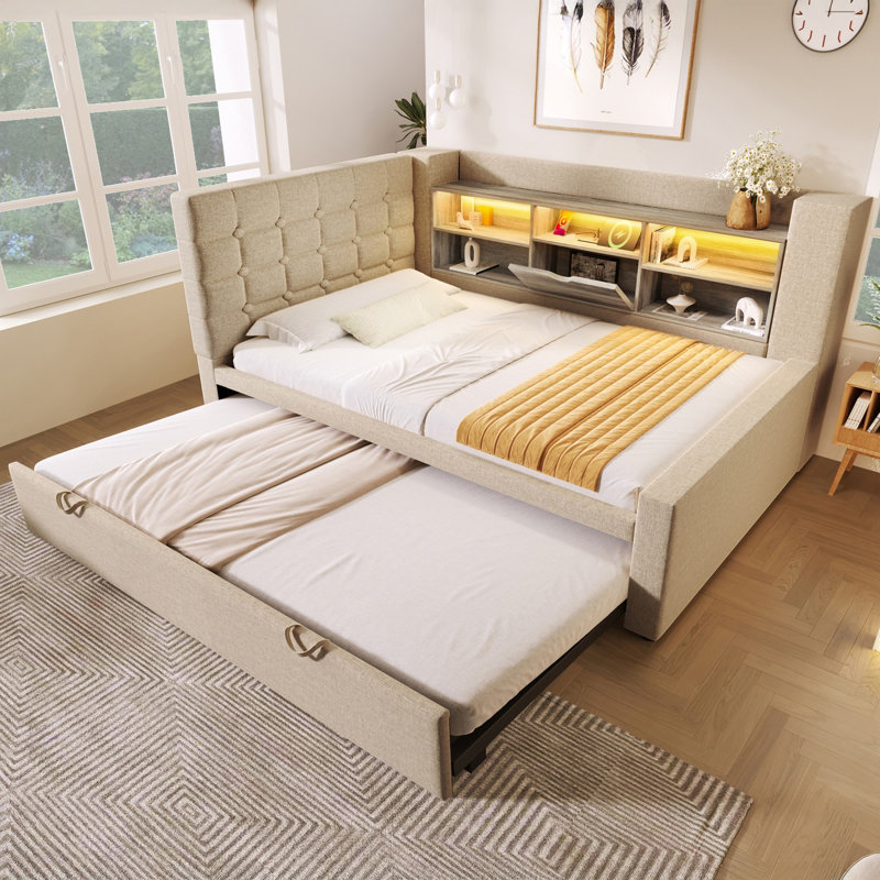 Linen 3FT Single Sofa Bed with Pull Out Trundle, Storage, USB & Type-C Ports, LED Lights, 90x190 cm Daybed, Beige
