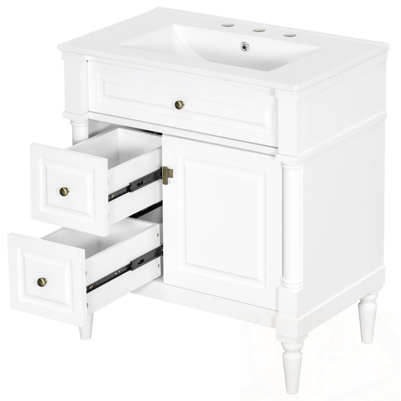 Meuble-lavabo avec lavabo, 2 tiroirs et tablette réglable, Blanc, 30"