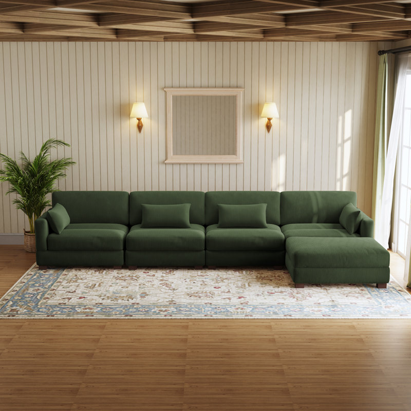 Maelina L-Shaped Corduroy Modular Sectional with Removable Cushion Cover, 30.7"H x 161.4" W x 68.1" D, Green Corduroy