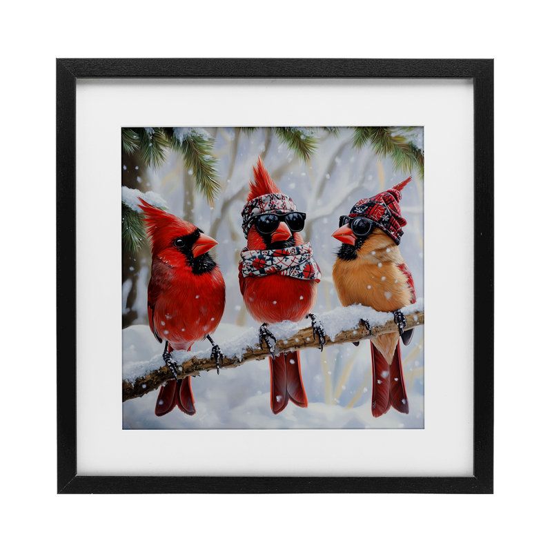«Row of Cool Cardinals», reproduction encadrée sous verre, conception de Jim Baldwin, H 13 po x l 13 po, Cadre noir minuit