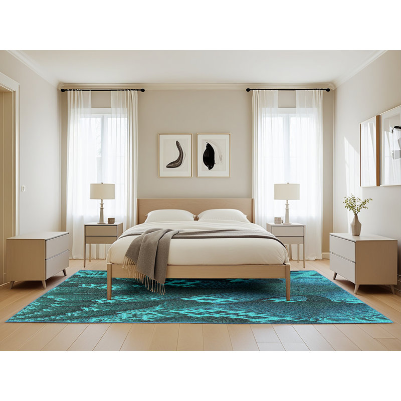 Tapis bleu aqua tissé à la machine, Rectangle 5 pi x 8 pi